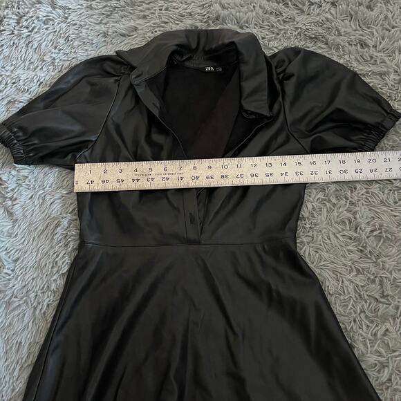 Zara Black Patent Faux Leather Puff Sleeve Whimsy Goth Pleather Mini Dress Med - Picture 6 of 10